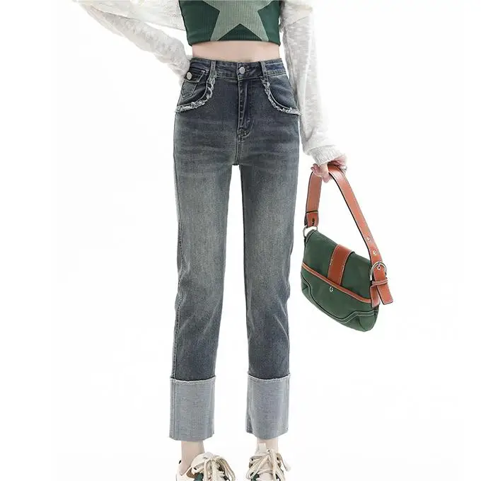 Vintage patchwork raw edge design nine-point pants to make new jeans slim for women