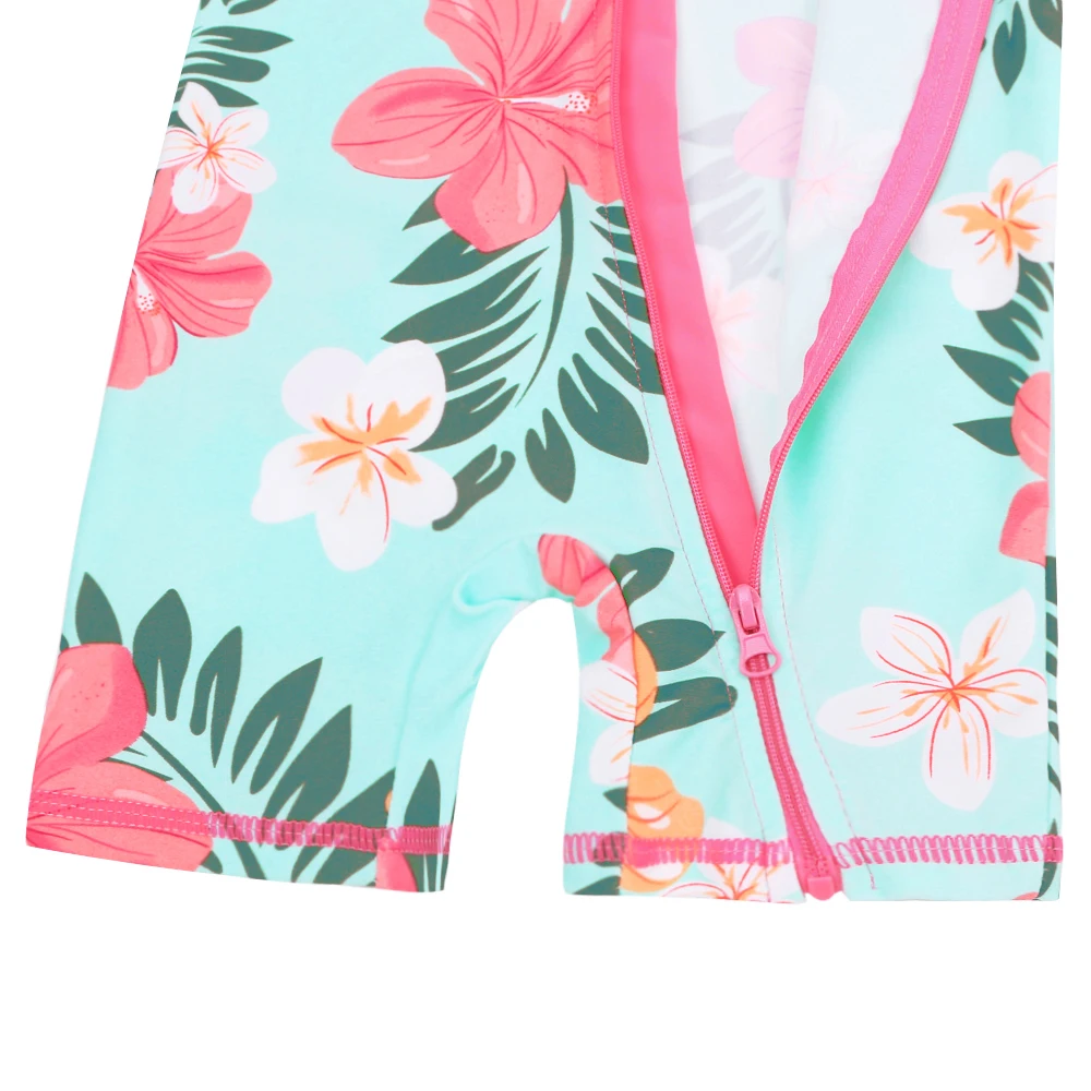 Baby Swimwear Girls Cyan Flower  UPF 50+ Kids Swimwear Long Sleeve Infant Swimsuit Beach Bathing Suit Rash Guards