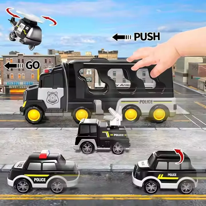 QW Hot Selling New Products in Stock Wholesale Boy Toys Black Inertia Lighting Music Transport Vehicle with Four Small Cars