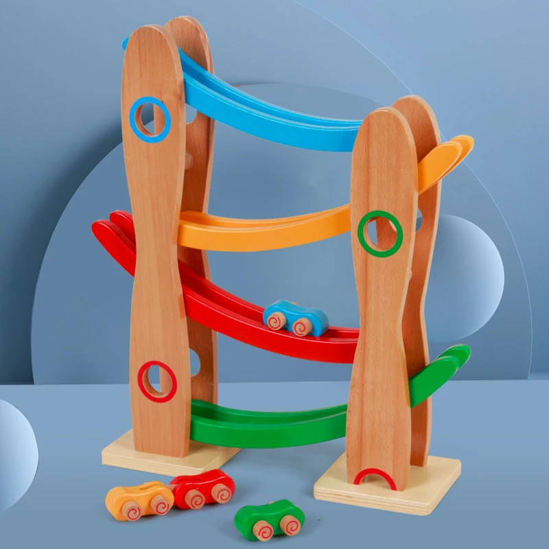 Montessori Wooden Race Car Track - Car Ramp Toddler Boy Toys - Premium Solid Toys Wooden Kids Race Track Car Tracks Education
