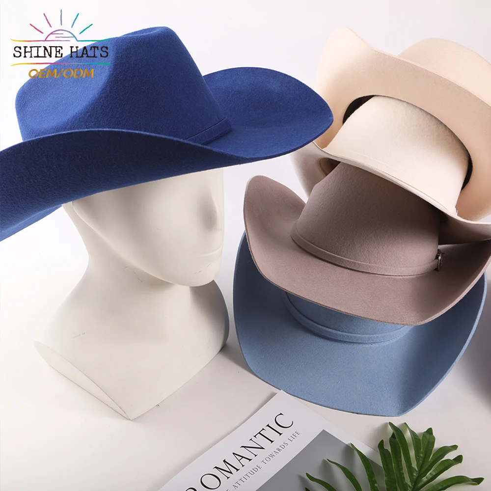 Shinehats Fashion Soft Western Sombreros Cowboy Hat Women Chapeau Customized Color Logo Brand Wool Felt Cowboy Fedora Hats