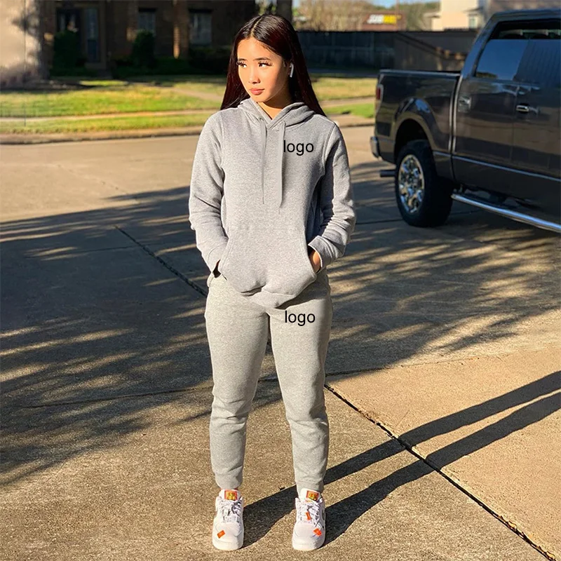 Customized Logo Women Fashion Solid Color Hoodie With Pocket Casual Two Piece Sports Set