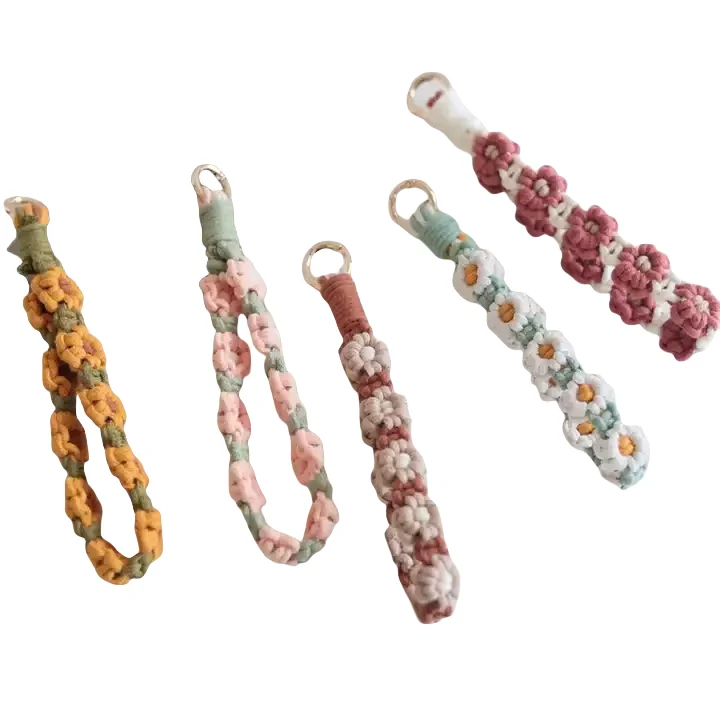 Hand-woven Boho Macrame Keychain Wristlet Daisy Flower Braided Rope Mobile Phone Chain Bracelet wrist strap keychain Bag Pendant