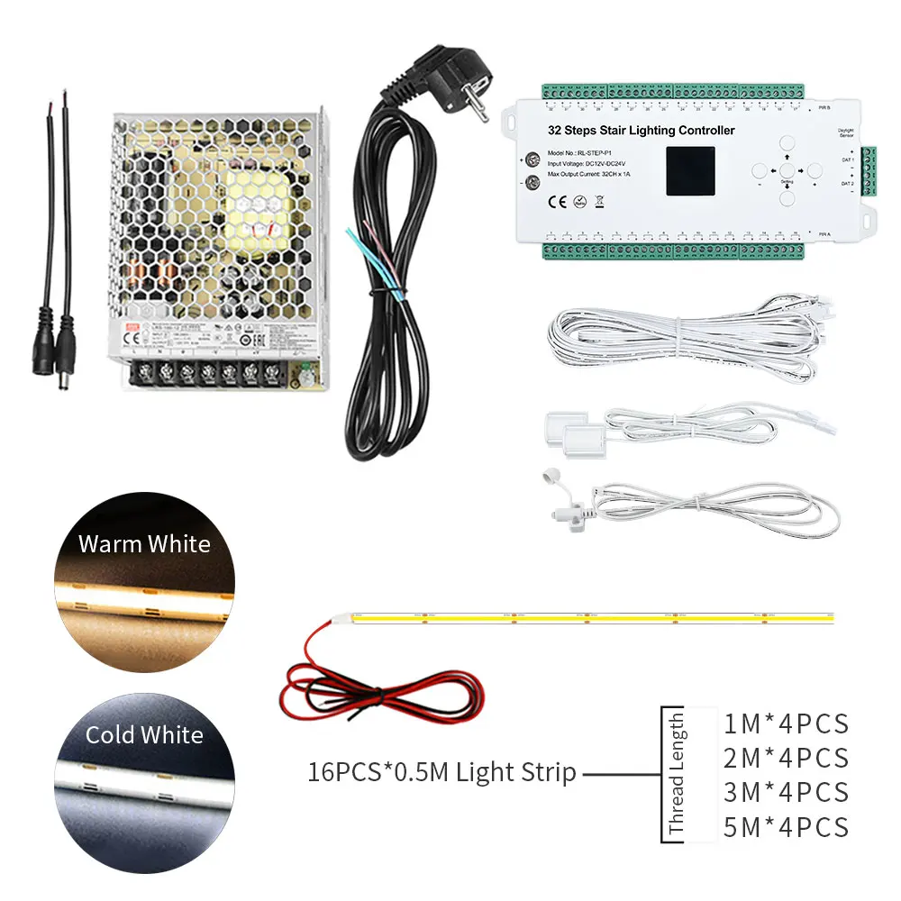 STEP-P1 32 Steps Stair Lighting Controller Set with Power Supply Led Strips Motion Sensor PIR LED Stairway Lighting Controller