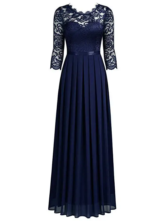 Womens Long Bridesmaids Wedding Dress Half Sleeve Elegant Lace Round Neck Maxi Ladies Evening Party