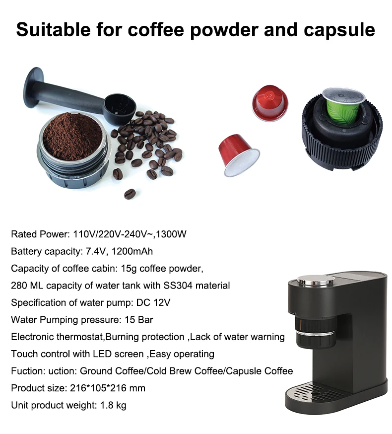 New Smart 1.8 Kg Rechargeable  Outdoor  Capsule Coffee Maker Mini Nespresso Portable Coffee Machine For Powder and Capsule