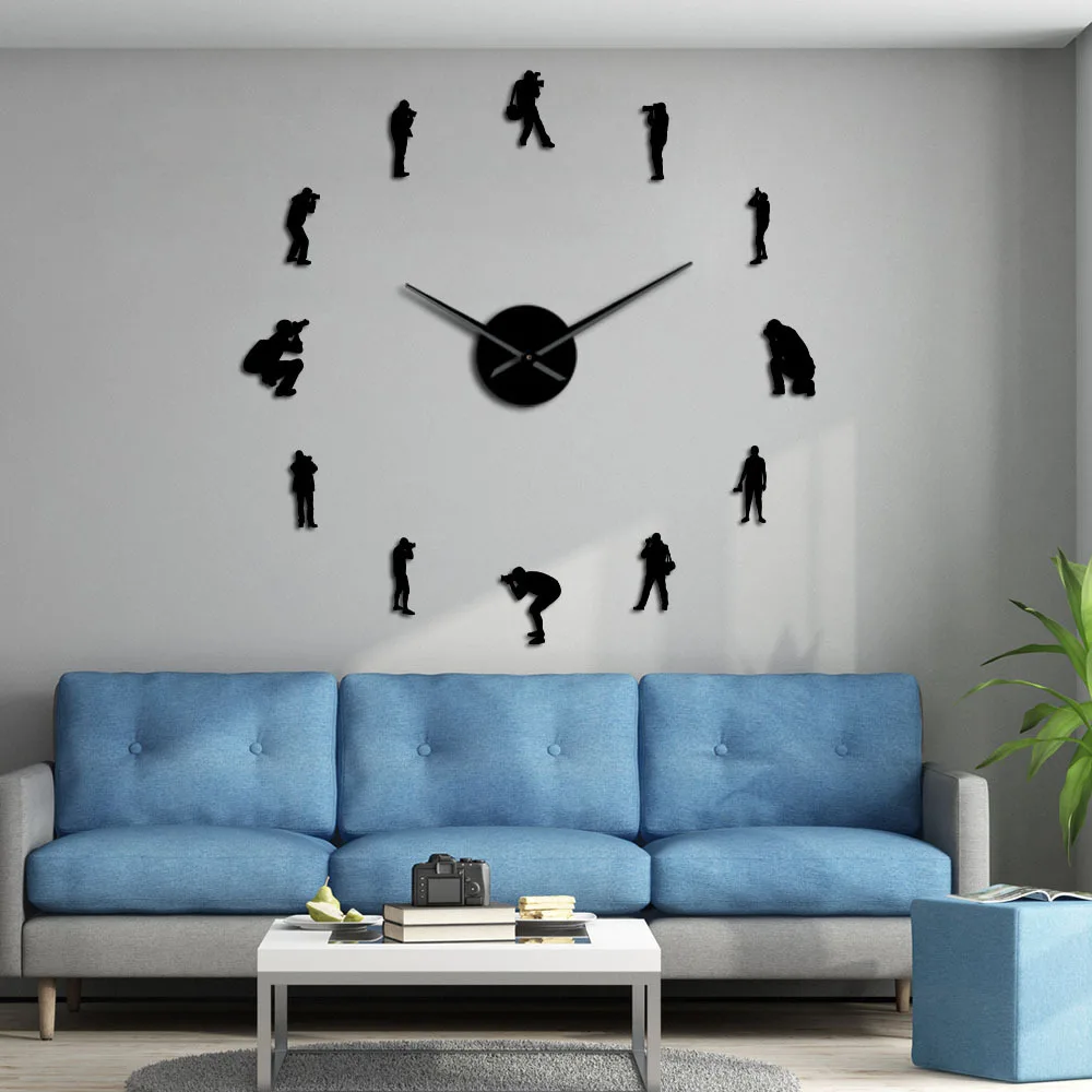 Photographers Modern Big Wall Clock Cameraman Photo Studio Room Decor Diy Acrylic Mirror Sticker Wall Watch Photography Gift