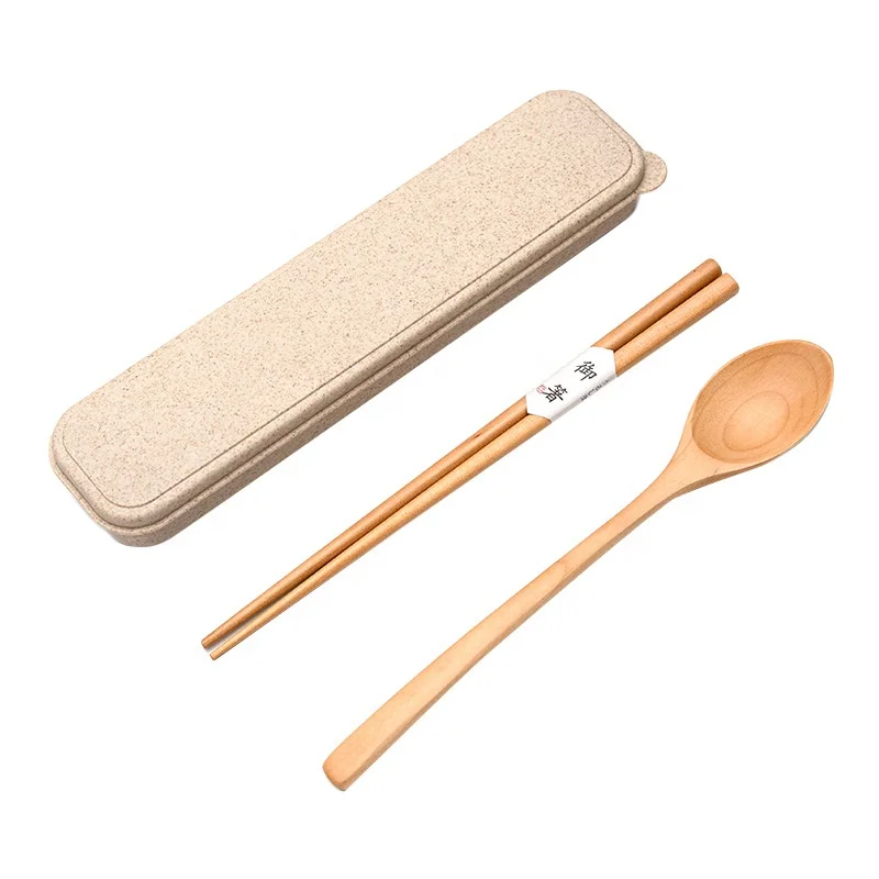 Chopsticks Spoon Travel Utensils Reusable Portable Wooden Cutlery set with Wheat Straw Case