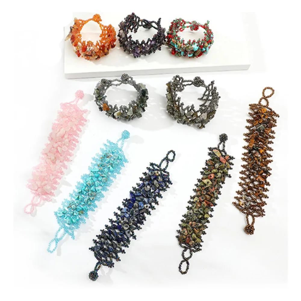 fashion trendy handmade healing natural small stone chips and glass rice seed beads mix woven wide bracelet jewelry women