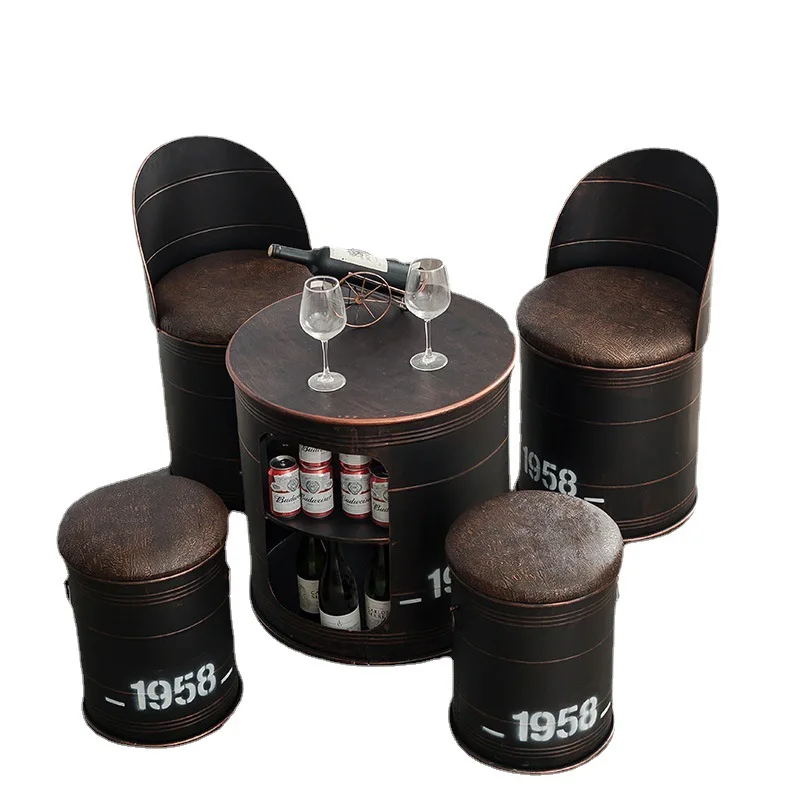 Industrial Design Modern Style Round Shape Solid Mango Wood Top Bar Table With Metal Barrel Base For Bar And Restaurant