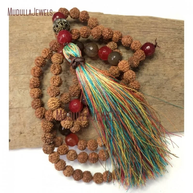 MN31746 ожерелье Rudraksha Mala с кисточкой мала длинное узлом Бохо богемное ювелирные изделия бисером для йоги