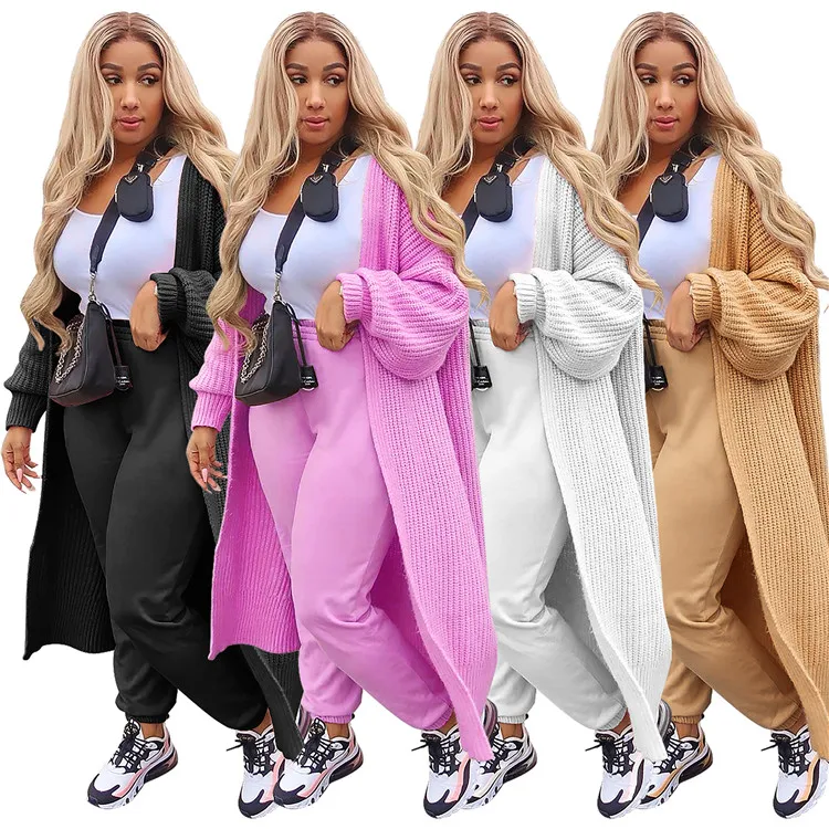 
2021 Boutique Ladies tops Long Sleeve Solid Color Knitted Women Long Sweater Plus Size Cardigan Jackets 