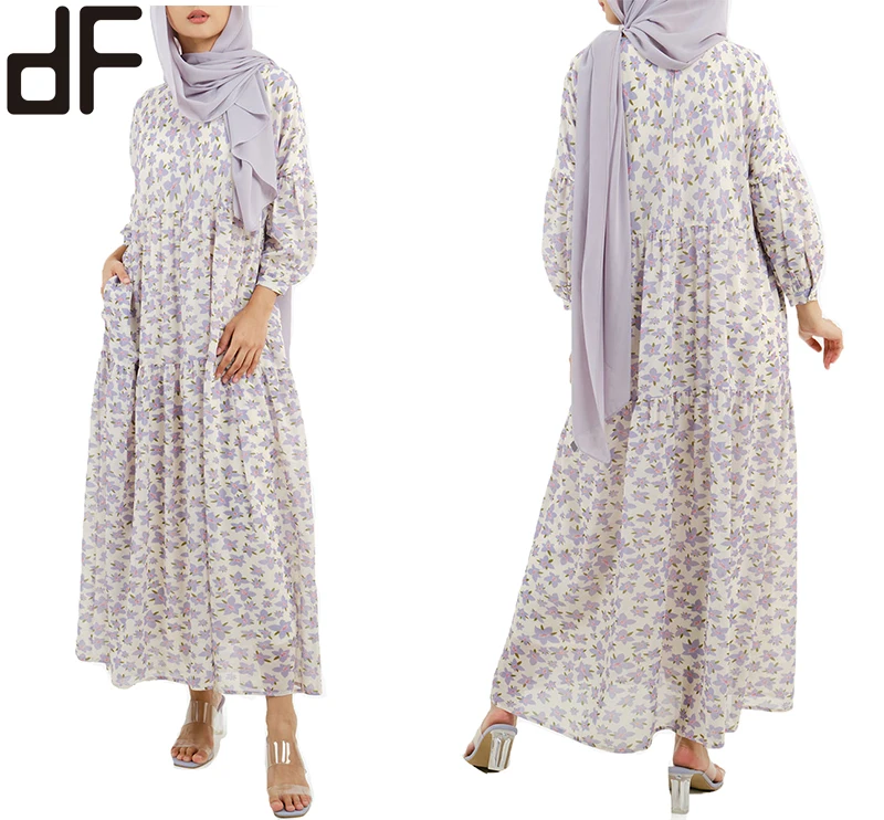 Day Look Factory Customized Clothes Women Bohemian Floral Dress Abaya Dubai Style Simple Ethnic Long Sleeve Maxi Muslim Dress