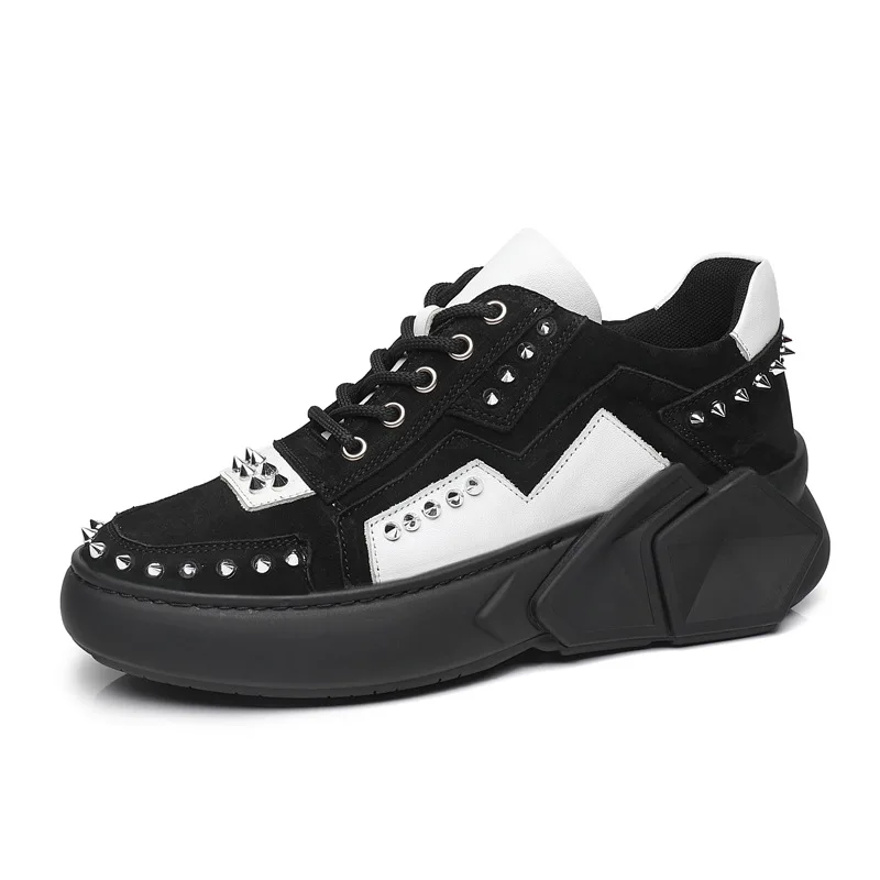 PDEP 38-44 black and white fashion cow leather new brand rivet shoes for men high quality thick platform sole sneakers