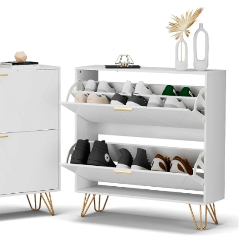 Shoe Cabinet with 2 Flip Drawers Entryway Shoe Storage Cabinet Slim White and Gold Narrow Shoe Cabinet W/Metal Legs