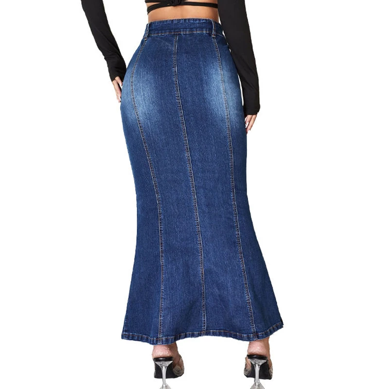Manufacturer Wholesale Fashion Women Vintage Long Casual High Waist Washed Denim A-Line Denim Maxi For Ladies Jean Skirts