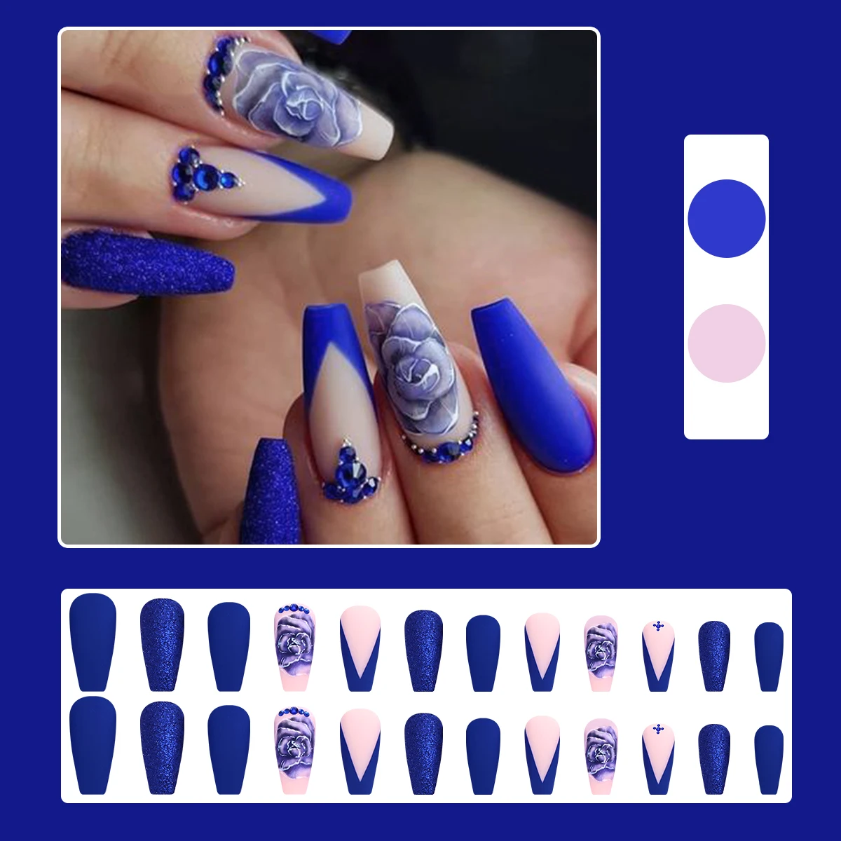 French Flowers Press on Nails Flash Diamond 3D Rhinestones Glitter Glossy False Nails Long Ballerina Coffin Fake  Tips Manicure
