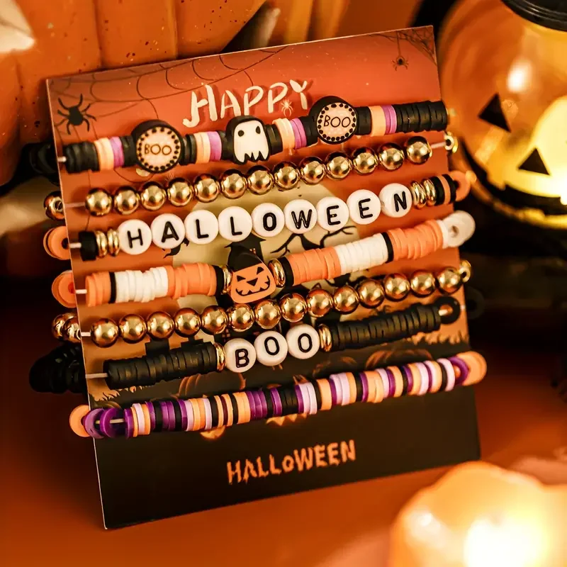 Cross-border 7-piece New Ambiance Halloween Set Pumpkin Cool Spicy Retro Head Polymer Clay Beaded Bracelet