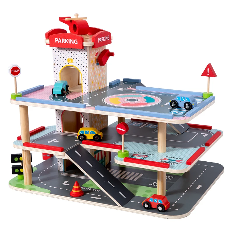 2023 Wooden montessori Race Track Car ramp Garage parking Play set Toy for Toddler Age 2-4 Year Old Boy