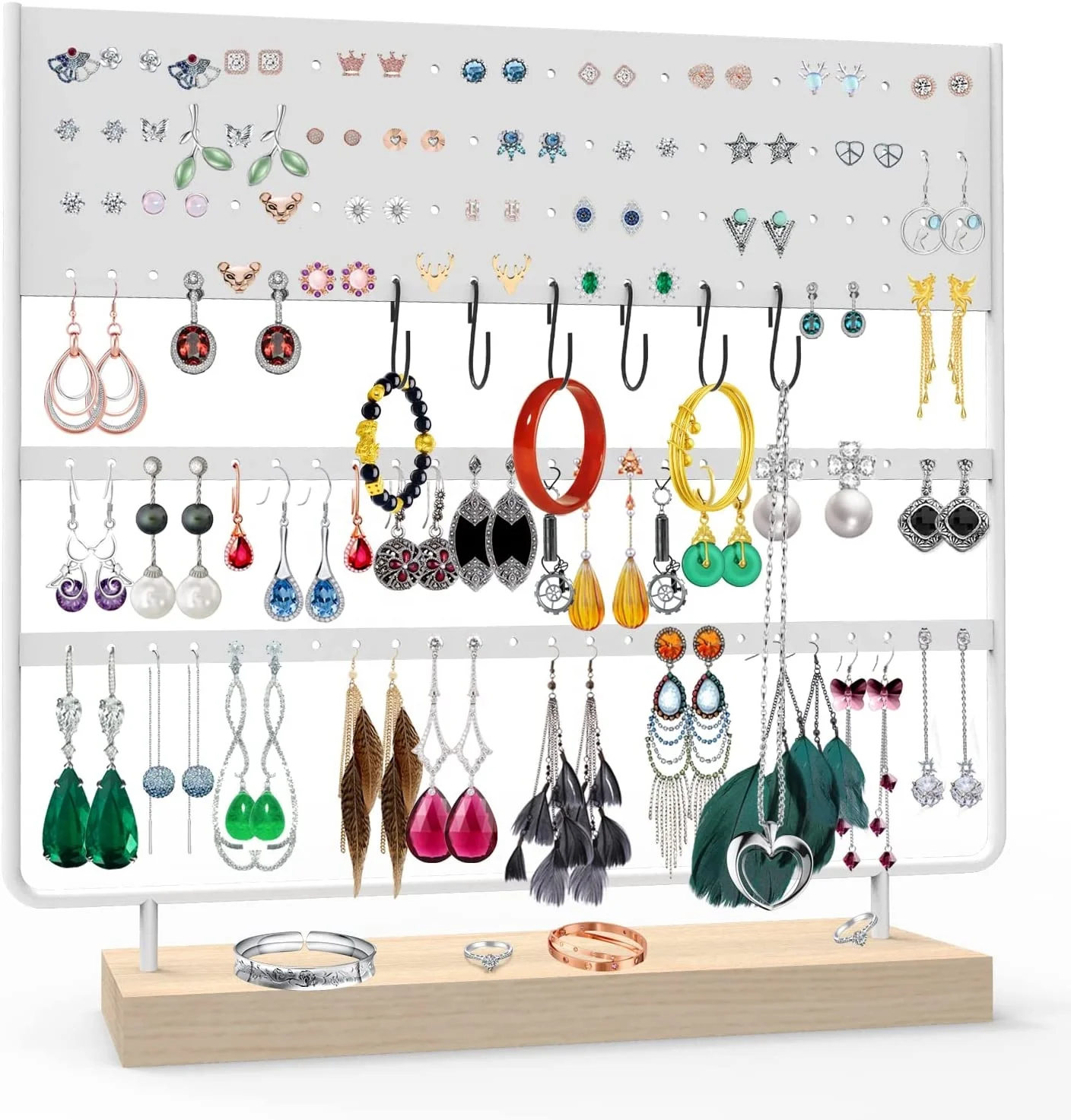 Jewelry Stand Display Set, 144 Hole Stud Holder for Hanging Earrings, Jewelry Display. Metal and wood composition