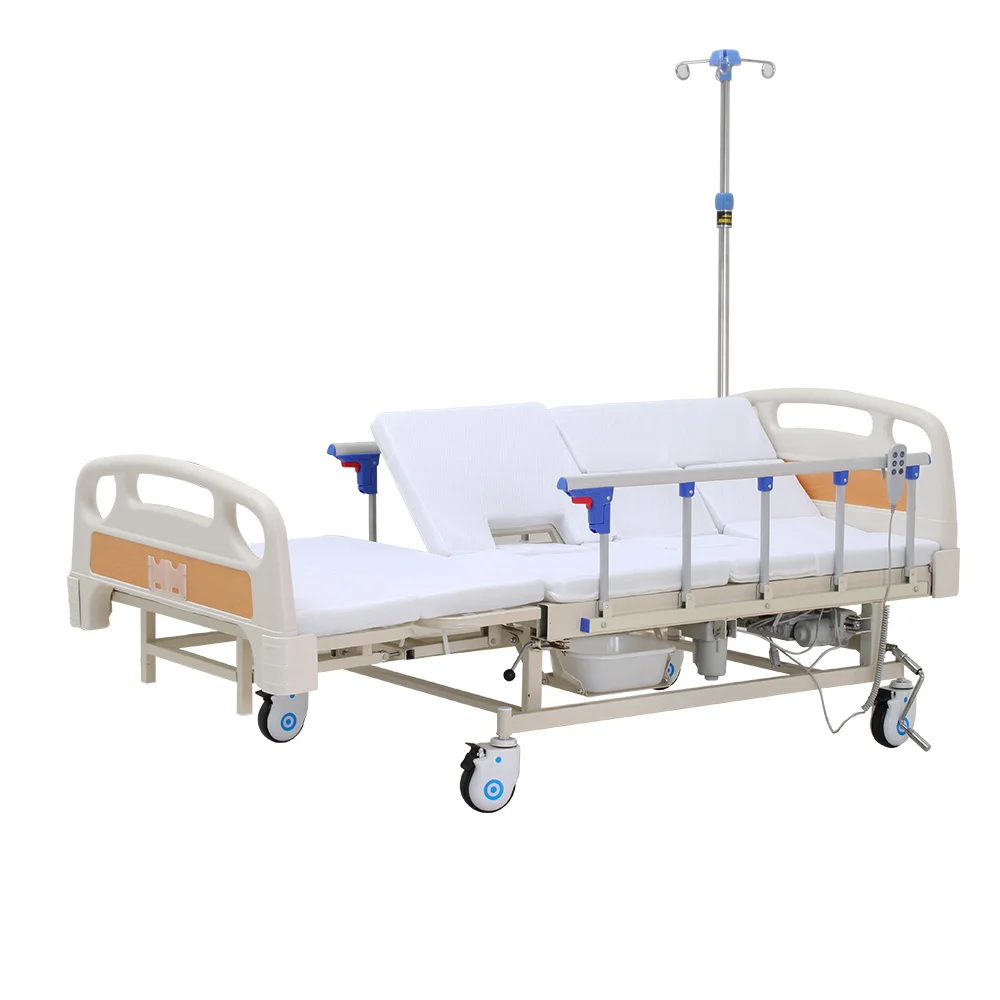 Factory price nursing home care bed electric medical bed prices 5 function patient hospital bed with petty commode for clinic