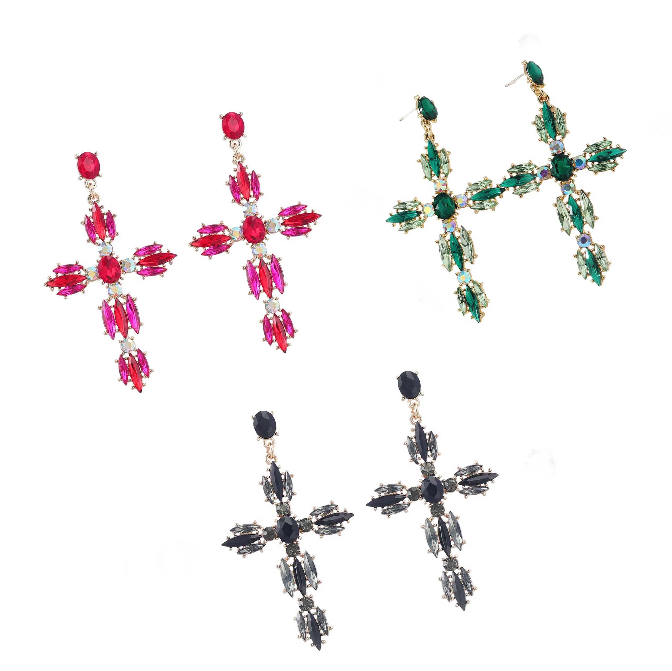 Trendy Multicolor Big Cross Stud Earrings Large Statement Crystal Dangle Earring Rhinestone Fashion Wedding Party Shiny Jewelry