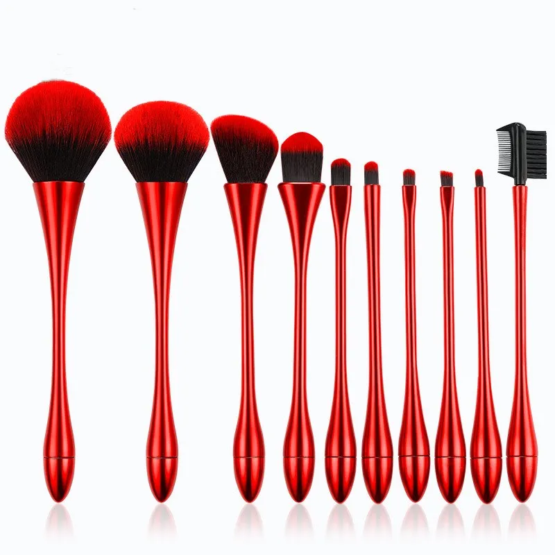 HZM 2023 New Fashion 10Pcs  Waist  Red Silver Luxury best eyeliner flat contour beautiful makeup customized brushes 10 pieces