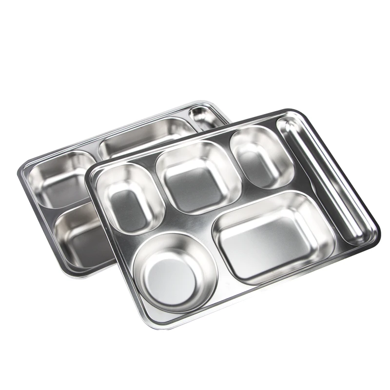Food grade stainless steel 5/6 compartment school lunch tray dinner plate fast food serving tray