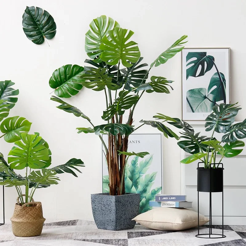 Decor Plastic Leaf Artificial Bonsai Variegated Tree Monstera Deliciosa