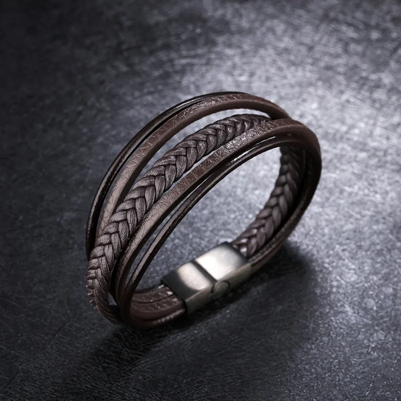 
Simple Multilayer Stainless Steel magnetic Clasp fashion Mens Jewelry leather bracelet 