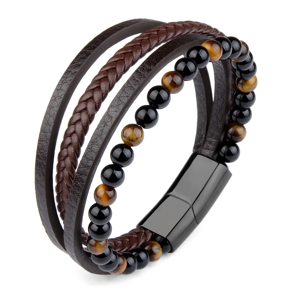 Tiger Eye Stone Beads Stainless Steel Magnetic Buckle Brown Genuine Leather Multi Layer Braided Bracelet