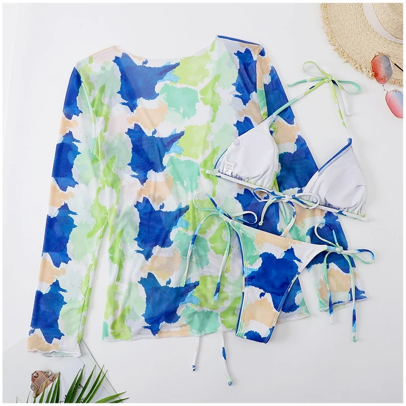 2022 wholesale women beach wear swimwear 3pcs bikini set tube  top mesh transparent pants sexy women swimsuit