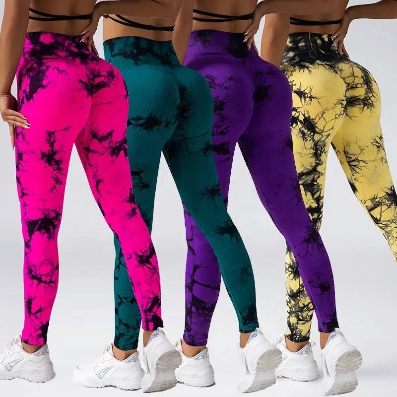 Women Tie Dye High Waist Yoga Tights Lady Scrunch Butt Tight Gym Pants Female Abdomen Midriff Running Trousers