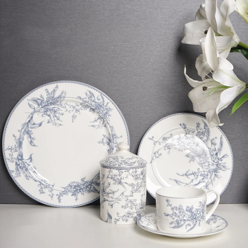 Stone blue flower printed bone china charger plates lily of the valley design porcelain dinner plates set for wedding