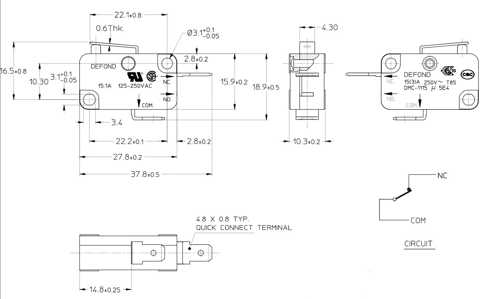 New Defond micro switch 2 pin 250 125Vac 15A spst micro switch t85 5e4 electronic DMC-1115-AA-GAH34-01R short lever micro switch