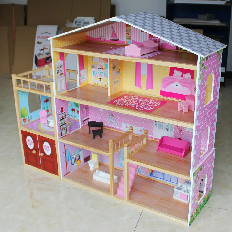 WEIFU 2024 Custom Best Selling High-quality kids four layers Villa wood doll house for girls birthday Christmas gifts