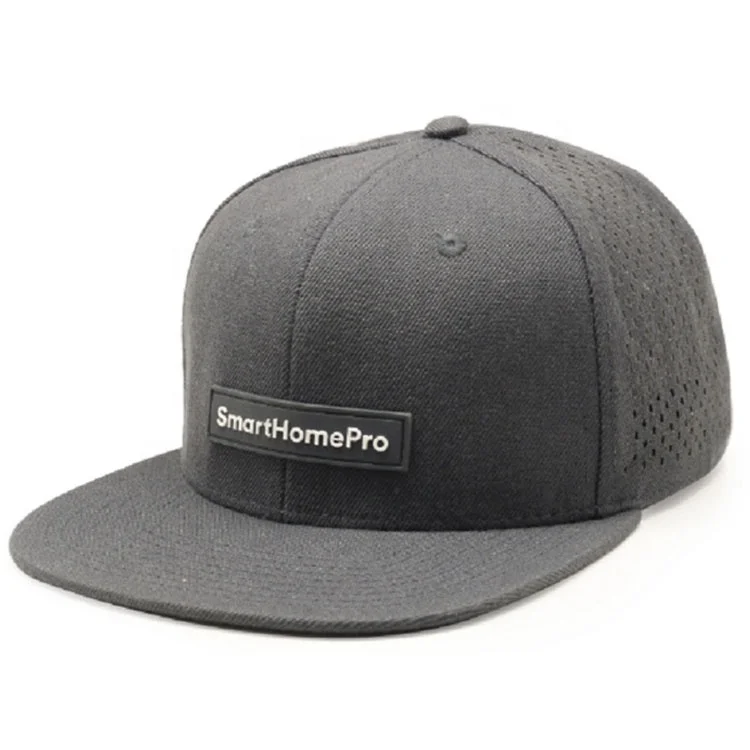 Dark Grey Custom Rubber Patch Snapback Cap with Laser Holes Perforated Snapback Hat