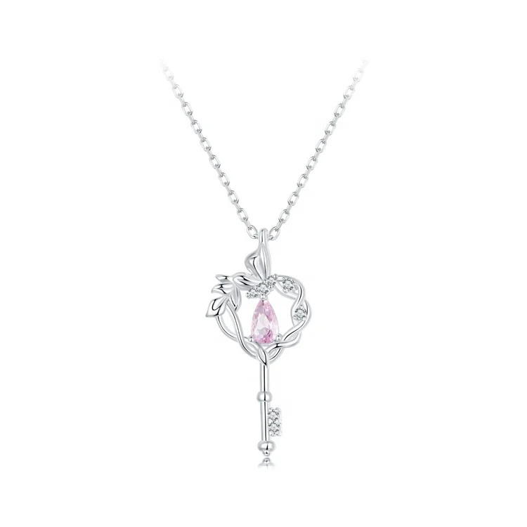 Youchuang hot sale key dainty pink zircon girls necklace Gift heart pendant 925 silver engraving valentine butterfly necklaces