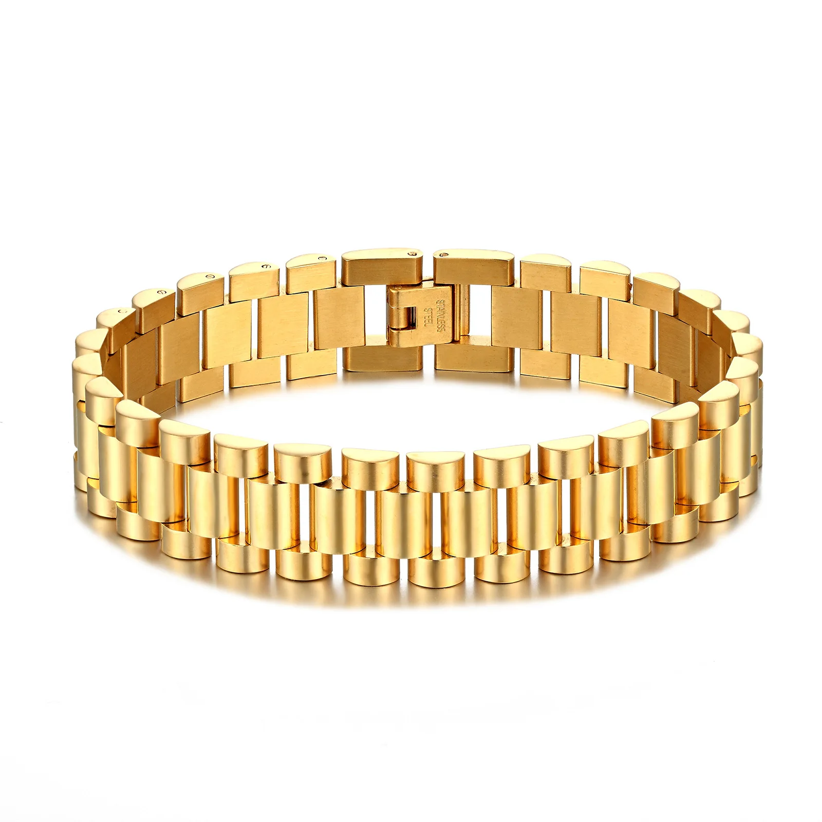10mm Men Bracelet 18k Gold Plated Stainless Steel Strap Fine Jewelry Bracelets & Bangles