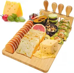 Bamboo Cheese Board Cheese Tray with 4 Stainless Cutlery Set Charcuterie Board and Serving Meat Platter