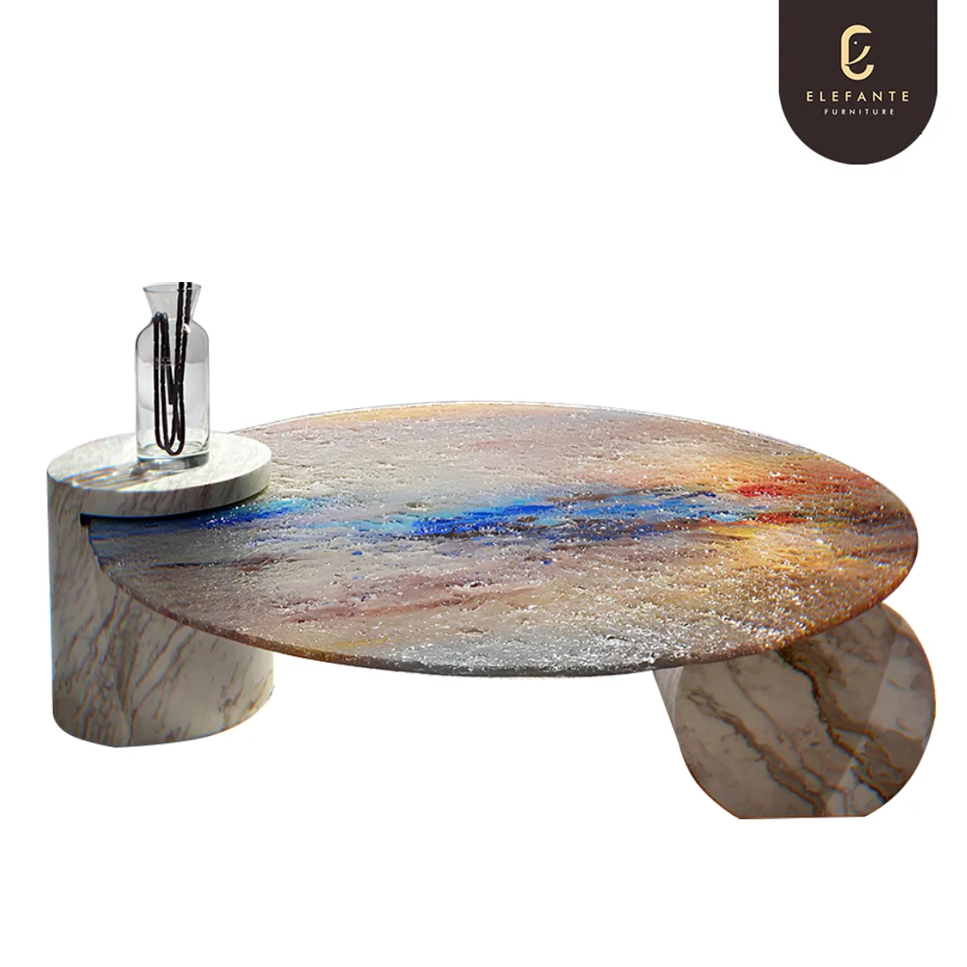 Newly Designed  Colorful Coffee Table Luxury Art Glass Top Stone Base Round Table