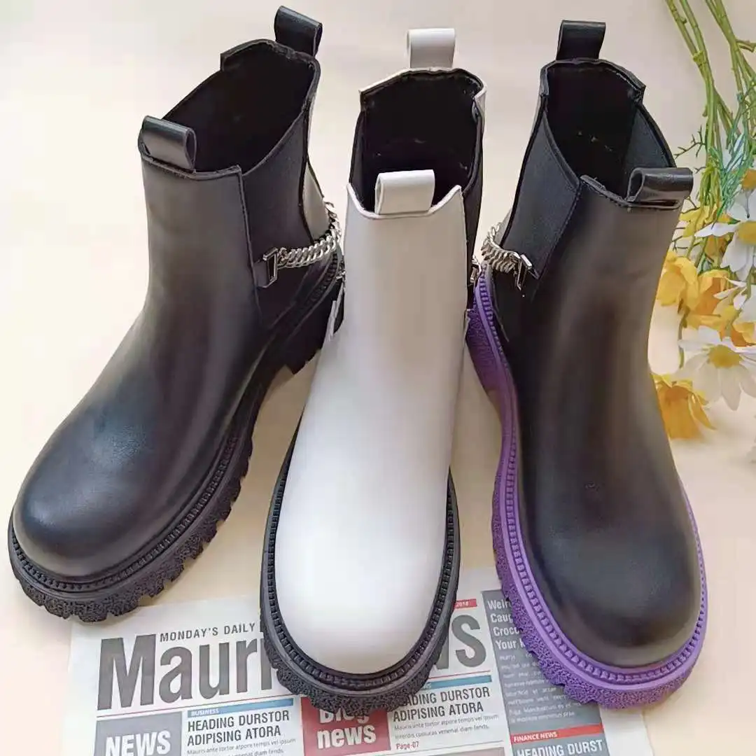 Trend Wholesale Women Luxury High Top Heel wood sole Custom  Rain Shoes Work Ankle Chunky Chelsea Boot Woman