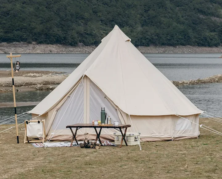 Bell Oxford Fabric Yurt Mongolian Family Camping Tent 4 Person Large Space Iron Straight Pole Chimney