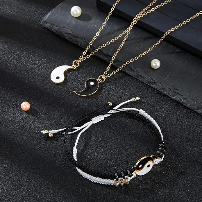 2 Pieces Matching Yin Yang Adjustable Cord Couple Bracelet with Necklace Set,Yin Yang Couple Pendant Necklace Chain