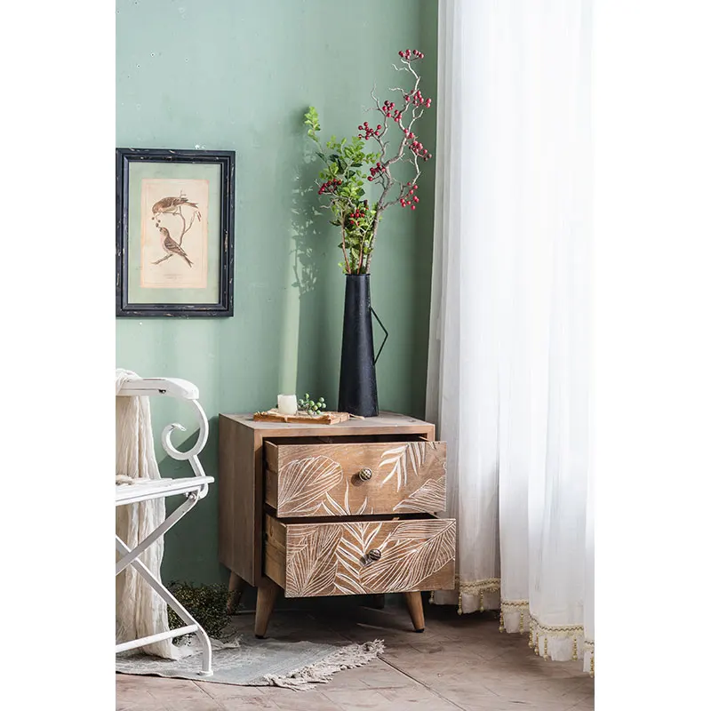 Hot Sale Farmhouse Bed Side Table Bedroom Furniture 2-Drawer Bedside Table Wood Frame Nightstand Side Table