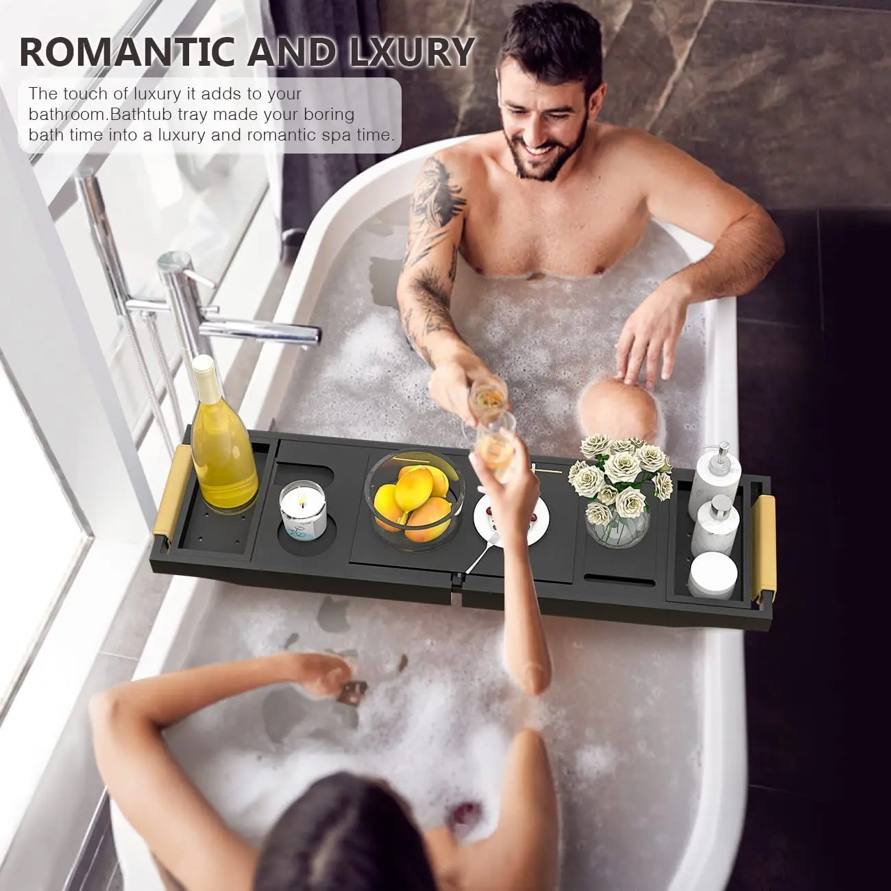 Bathtub Tray Bath Caddy Trays for Tub - Expandable Board and Book Stand Bamboo Bathtub Caddy Trays
