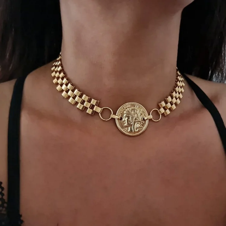Watch Belt Choker Modern Bold Jewelry Stainless Steel Shoulder Chain Necklace 18K Gold Plated Chunky Chain Coin Necklace