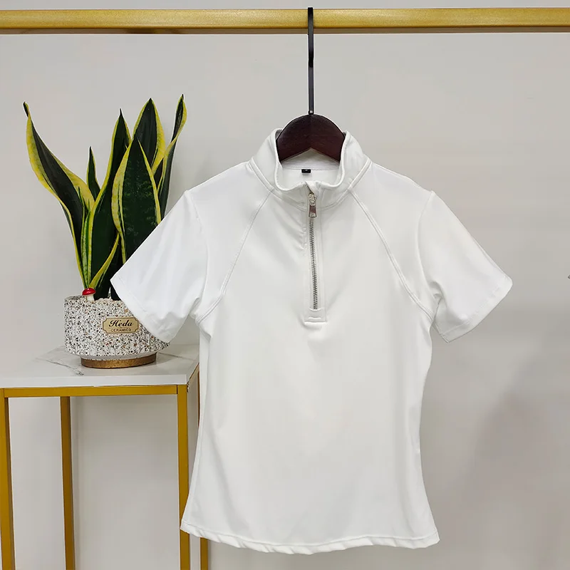 Customized Logo Hangtag White Lady Spandex Tops Riding Short Sleeve Equestrian Collared Shirts For Women