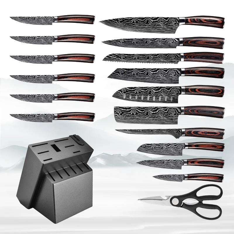 
Konoll 16-Piece Premium Kitchen Knife Set With Wooden Block Home Kitchen Cutlery set With Knife Sharpener & 8 Steak knives 