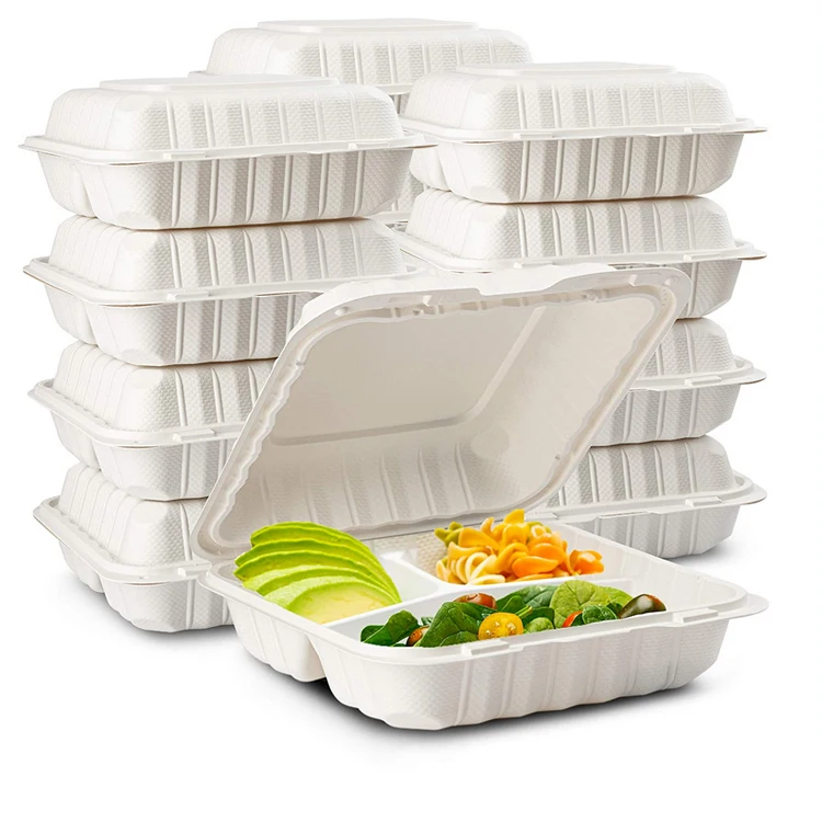 Экологичные одноразовые пищевые контейнеры-Раскладушки с 3 отделениями, ланч-боксы из кукурузного крахмала